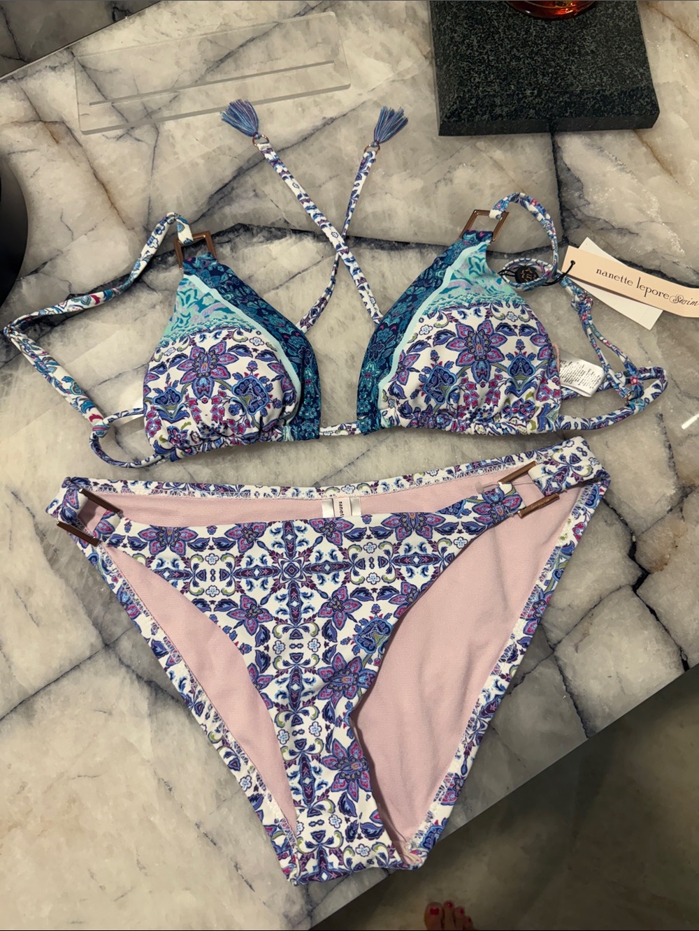 Nanette Lepore Blue, Purple & Pink Mosaic Triangle Bikini size 8. NWT